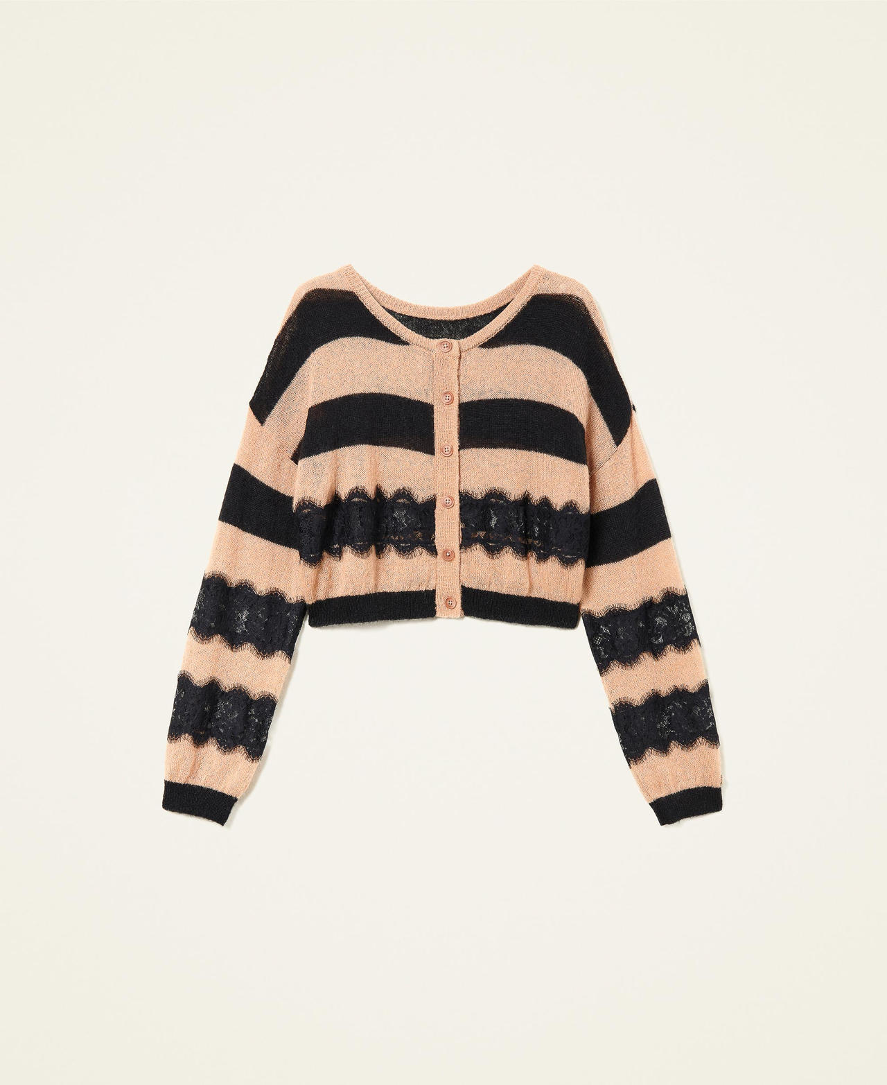 Striped jumper-cardigan with lace Two-tone Black / Pale "Dune" Beige Woman 222TP3132-0S