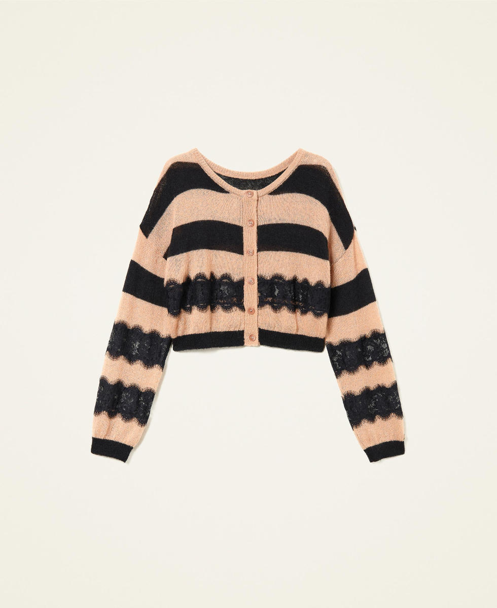 Striped jumper-cardigan with lace
