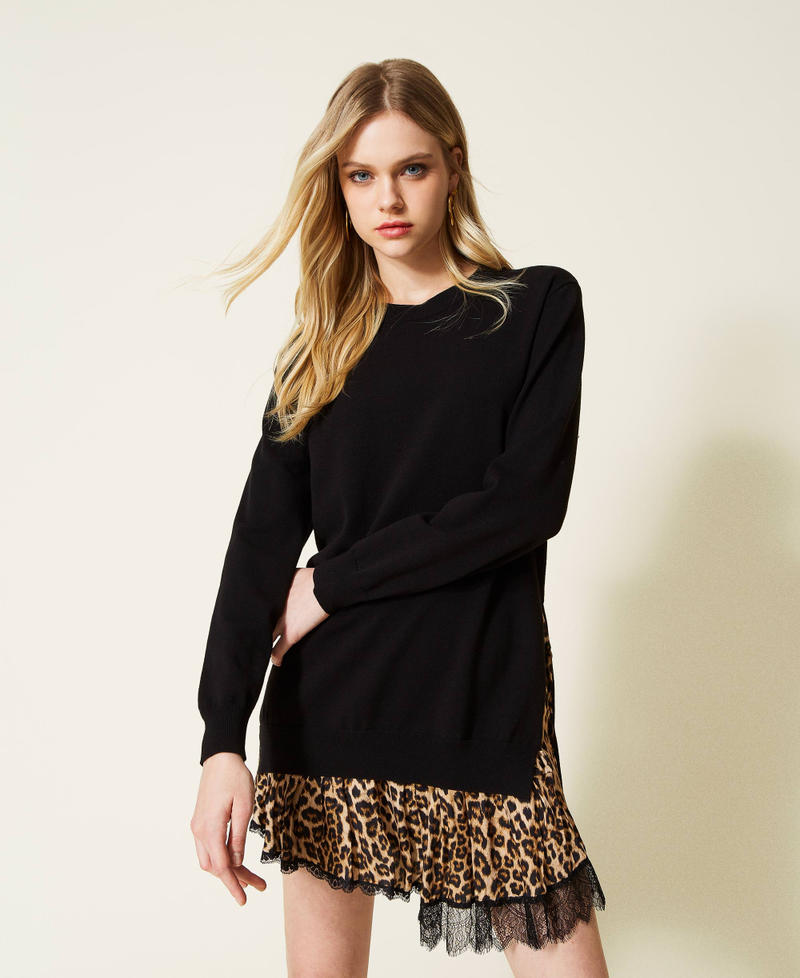Animal print inlay knit dress Two-tone Black / Black Animal Print / "Dune" Beige Woman 222TP3160-01