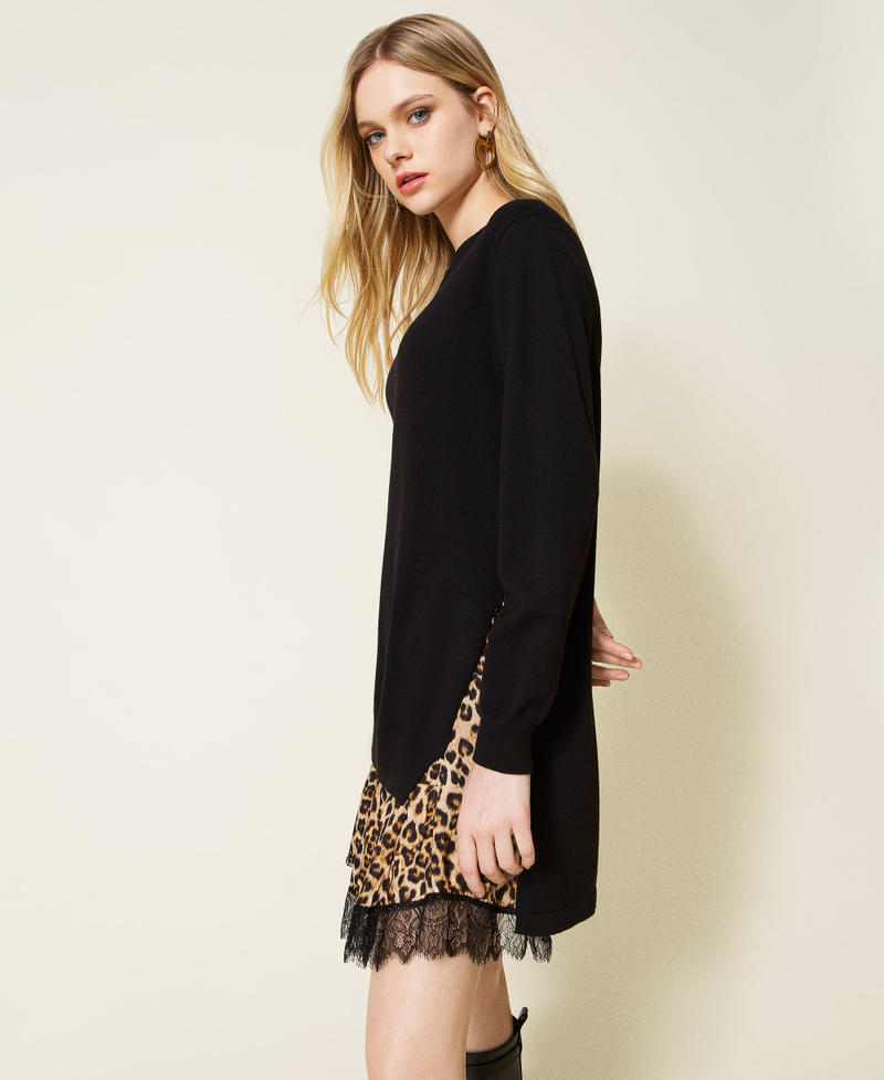 Animal print inlay knit dress Two-tone Black / Black Animal Print / "Dune" Beige Woman 222TP3160-02