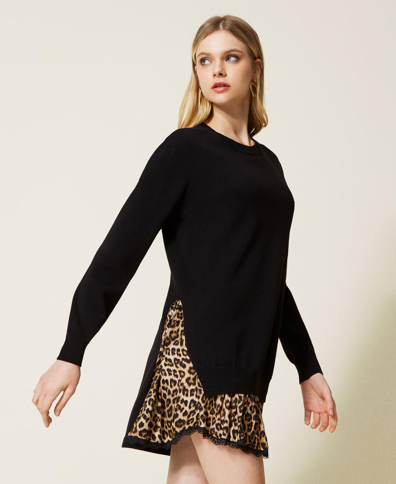 Animal print inlay knit dress Two-tone Black / Black Animal Print / "Dune" Beige Woman 222TP3160-03
