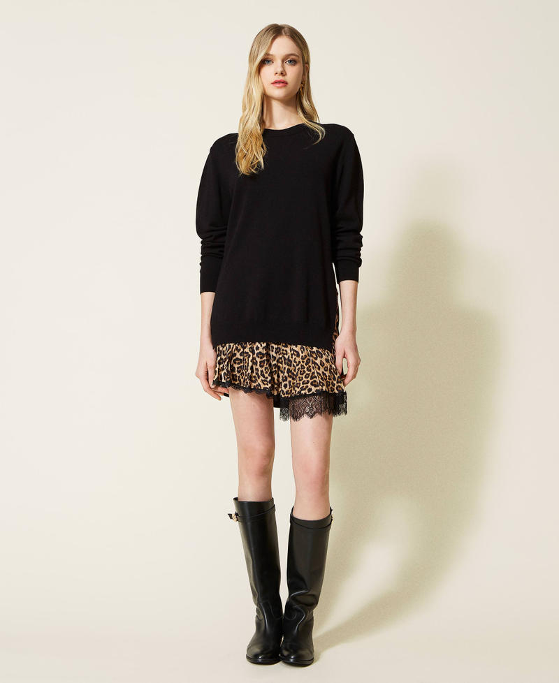 Animal print inlay knit dress Two-tone Black / Black Animal Print / "Dune" Beige Woman 222TP3160-06