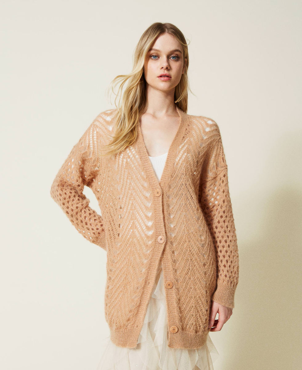 Mohair blend cardigans with mixed stitches Woman, Beige