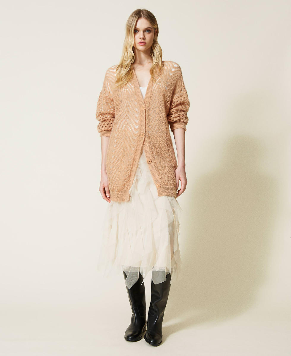 Cárdigan de mohair mixta con mezcla de puntos Mujer, Beige