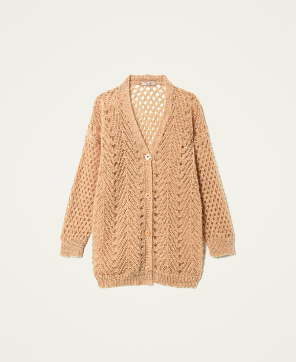 Mohair blend cardigans with mixed stitches Woman, Beige