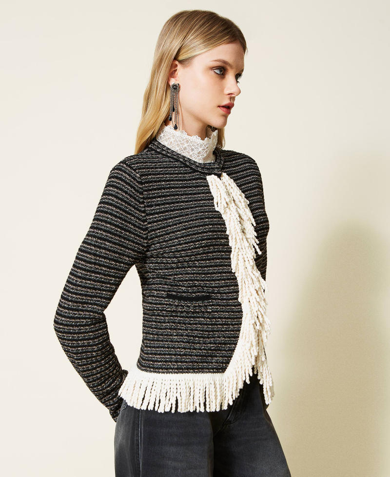 Jacquard knit jumper with fringes Black Woman 222TP320A-03