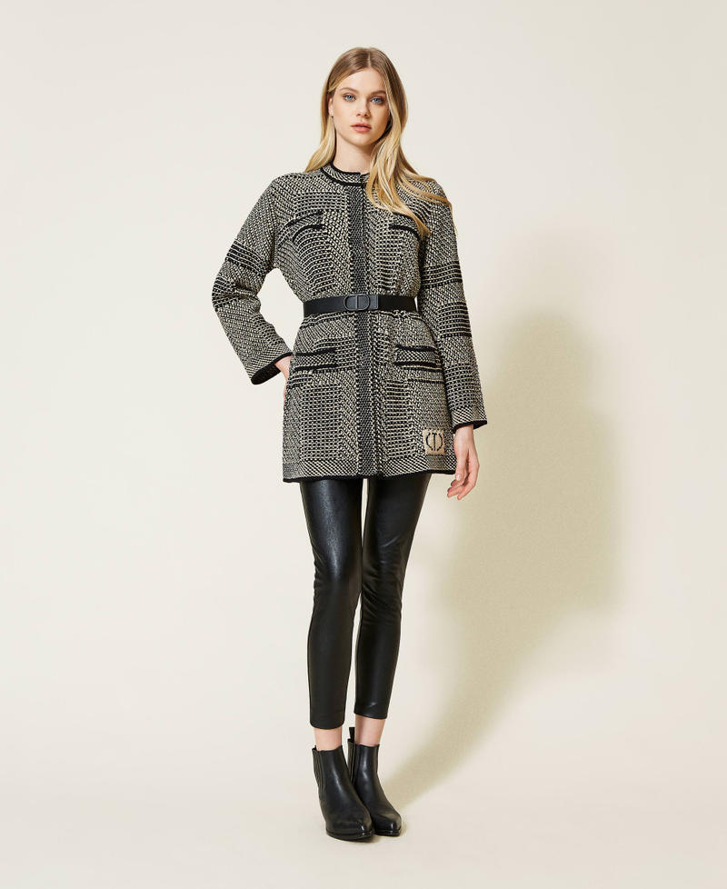 Manteau en maille jacquard avec lurex Bicolore Blanc Neige / Noir Femme 222TP3210-0T
