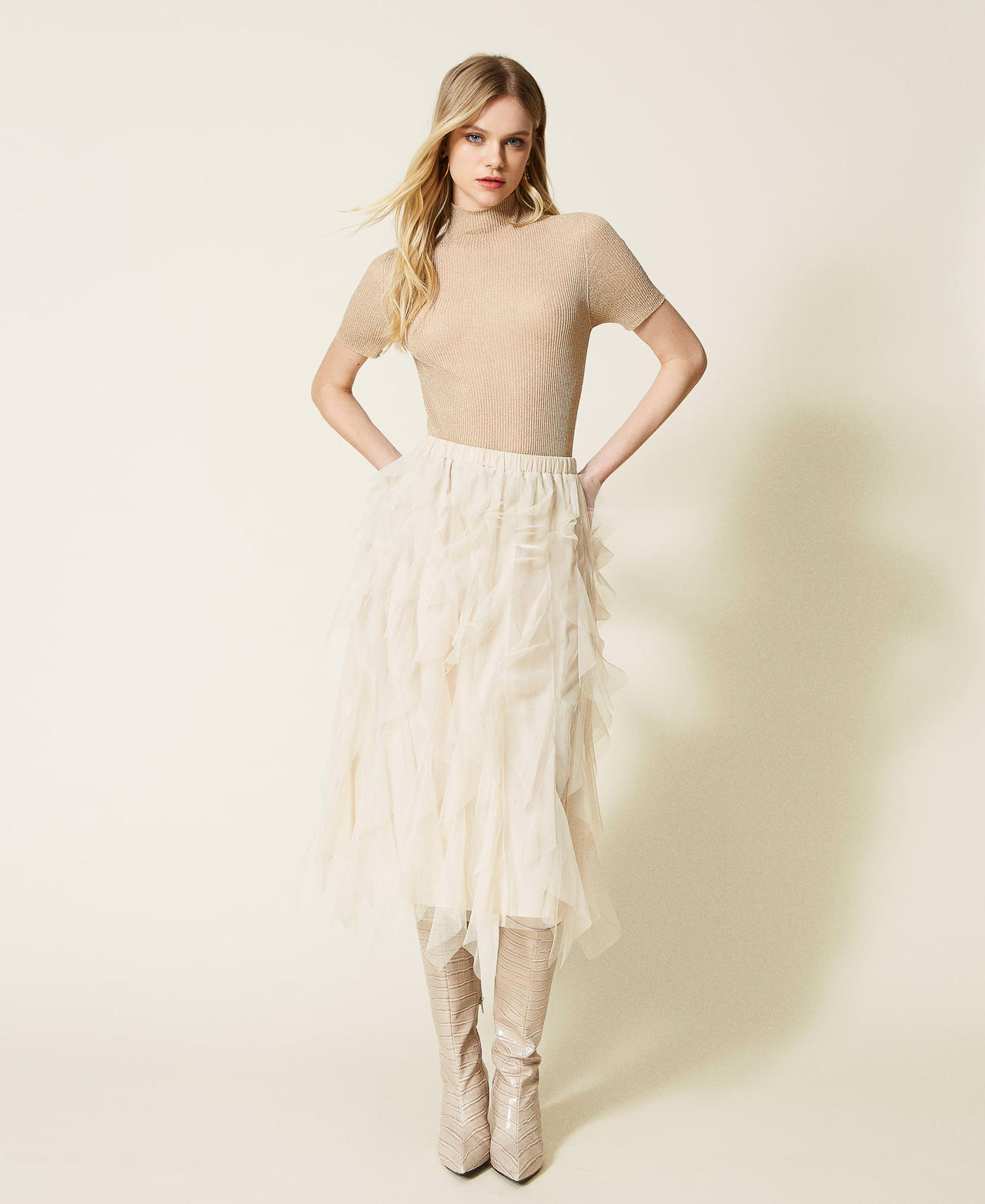 Lurex turtleneck jumper Pale Gold Lurex Woman 222TP3261_07291_02