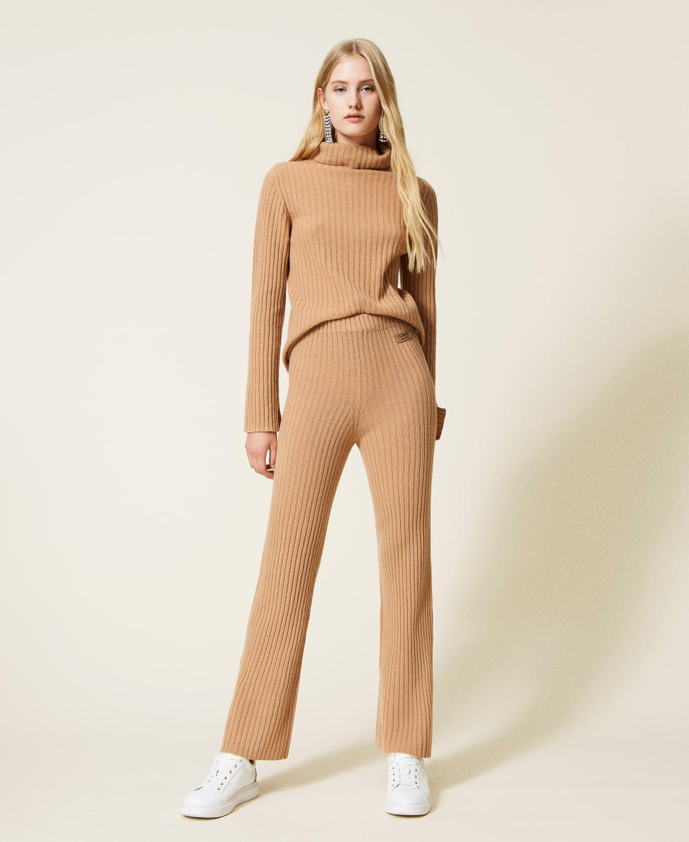 Pantalones de punto de lana y cachemira Mujer, Beige