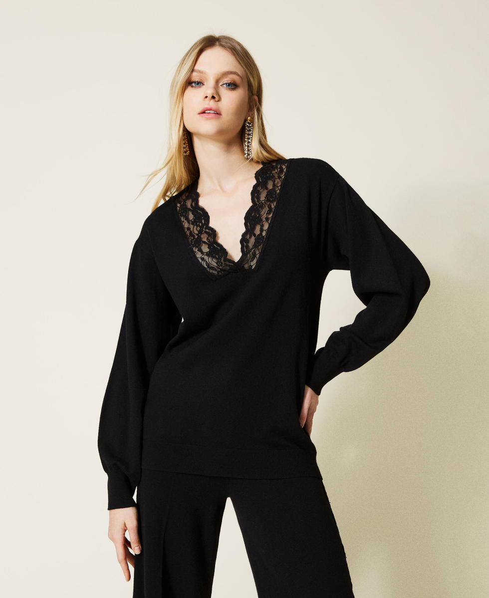 Maxi jumper with lace Woman Black TWINSET Milano