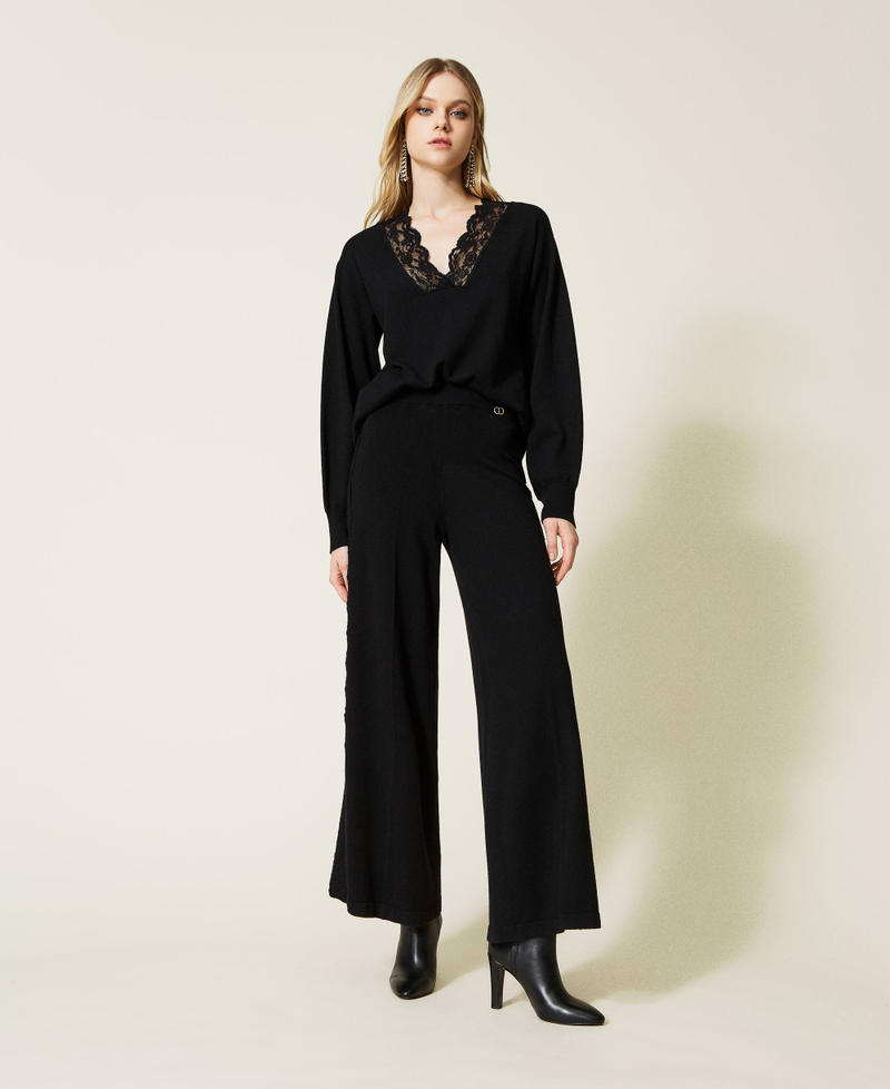 Knit palazzo trousers with lace Black Woman 222TP3363-02