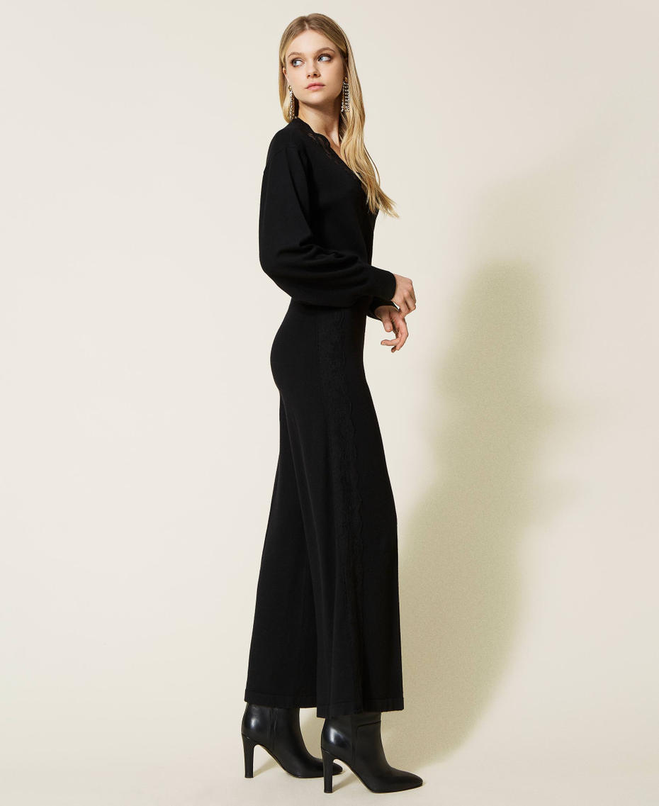 Трикотажные брюки-палаццо с кружевом Черный женщина 222TP3363-04