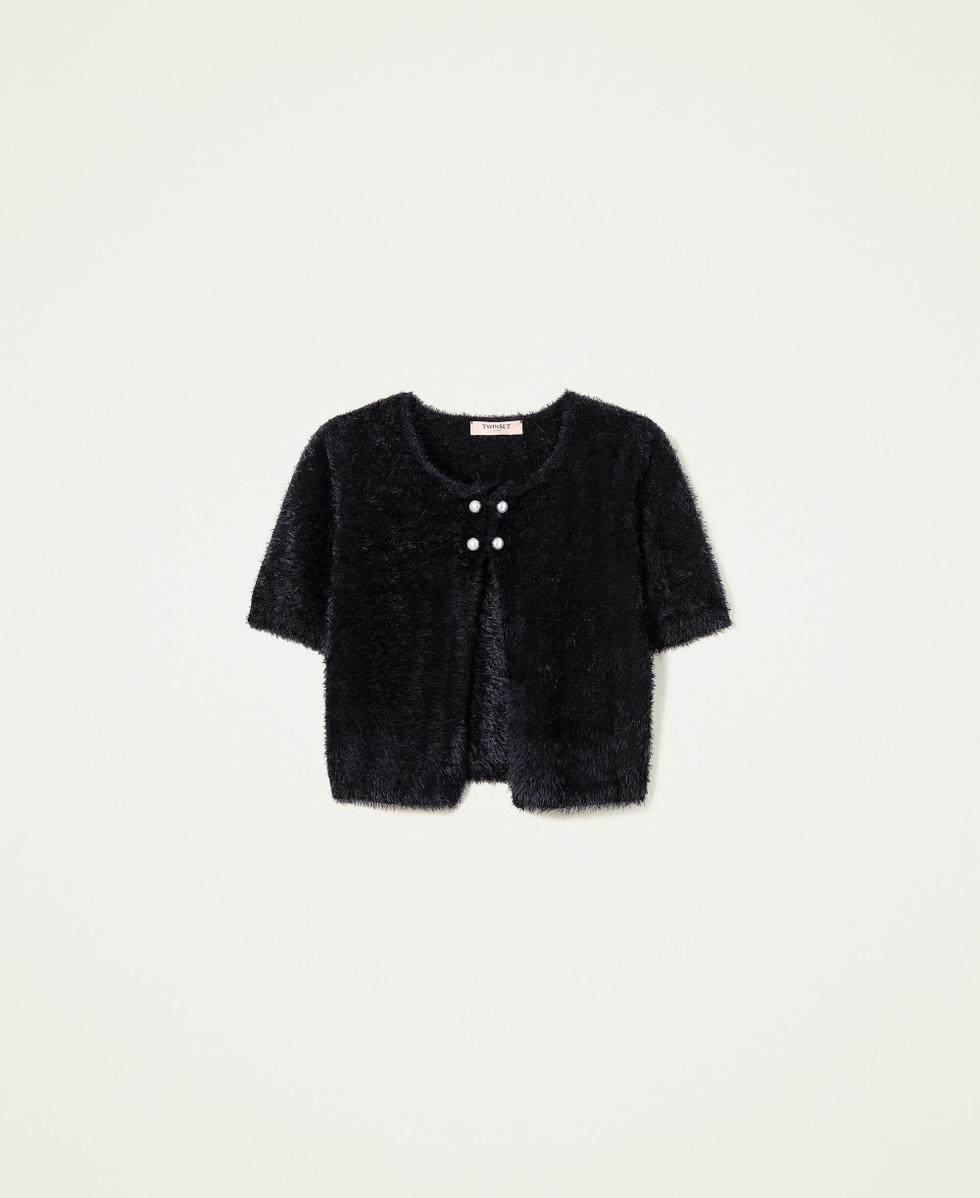 Fur-like yarn short cardigan