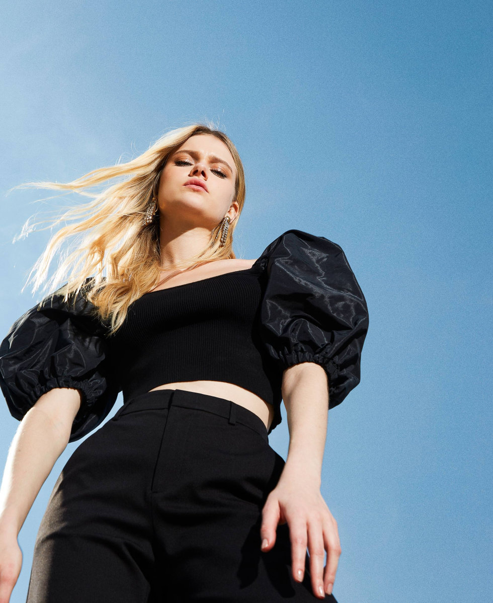 Top cropped con mangas abullonadas Mujer Negro TWINSET Milano