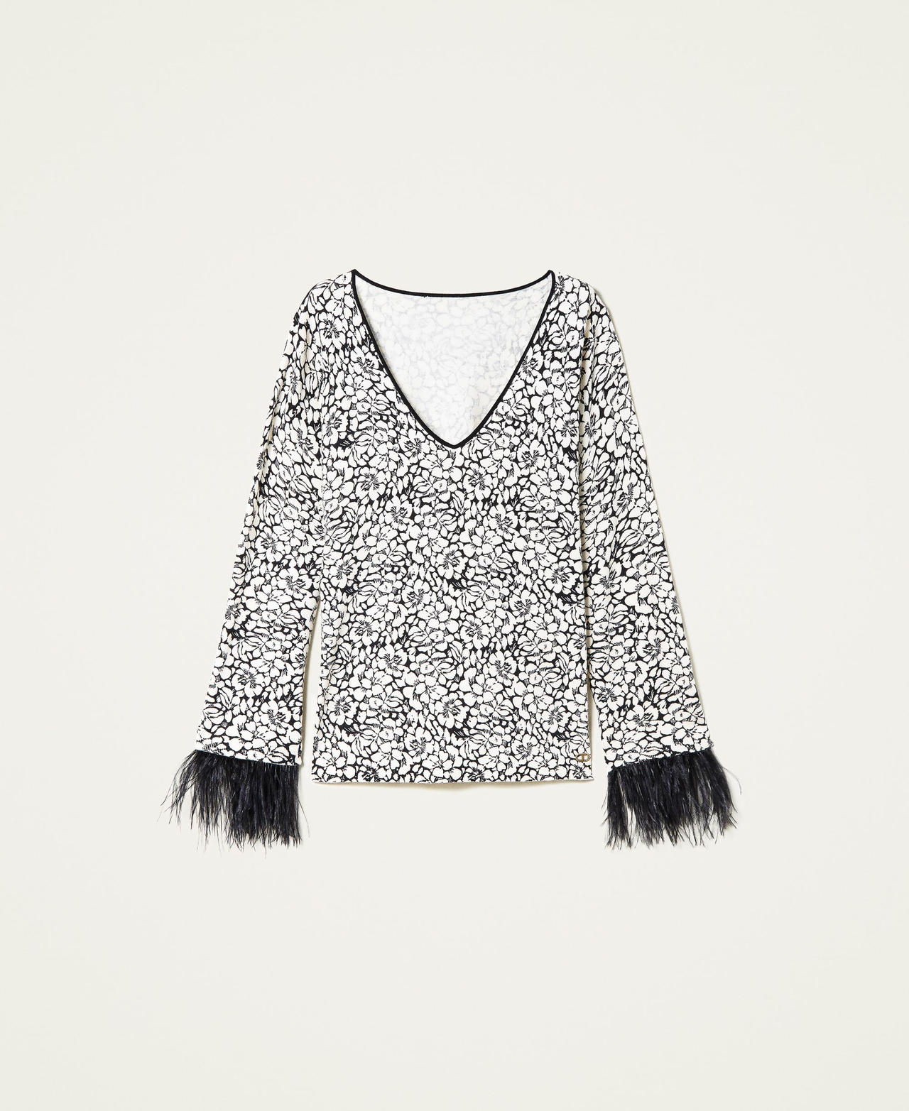 Printed jumper with feathers Black / Snow Pansy Flower Print Woman 222TP3531_07235_0S