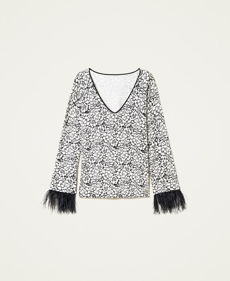Printed jumper with feathers Black / Snow Pansy Flower Print Woman 222TP3531_07235_0S