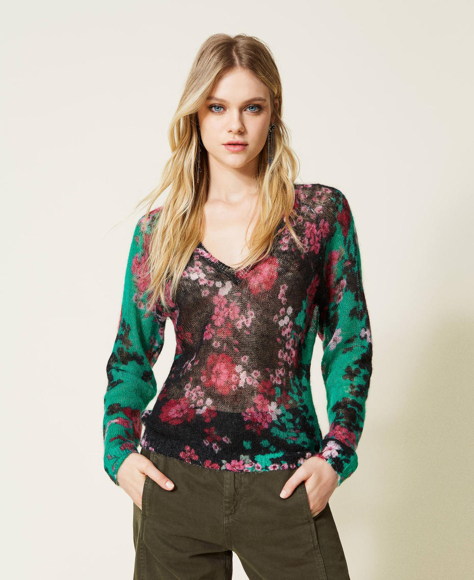 Printed mohair blend V neck jumper