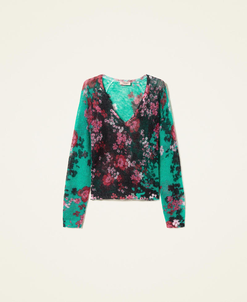 Printed mohair blend V neck jumper