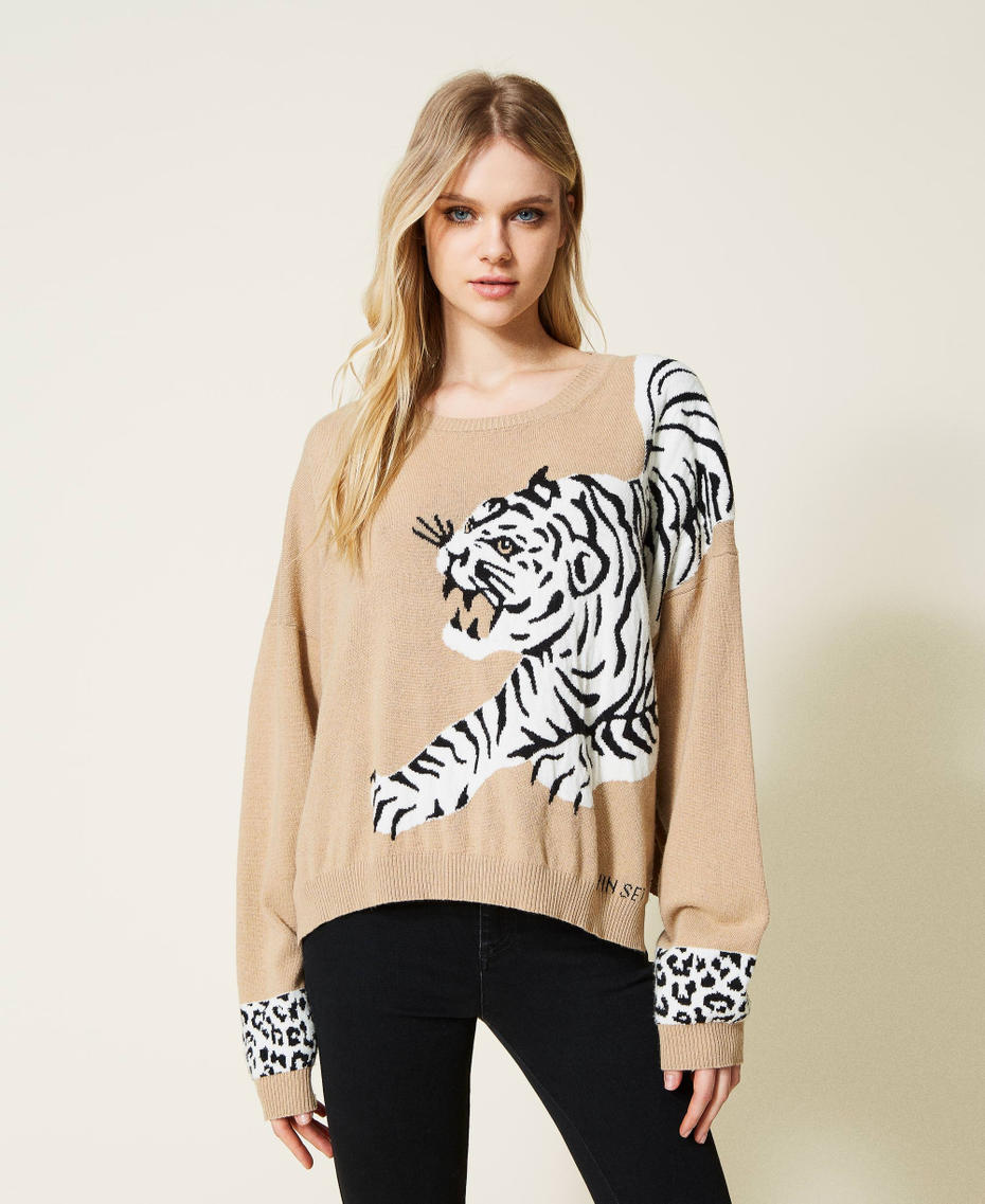 Jumper with jacquard tiger inlays "Dune" Beige Woman 222TP3570-01