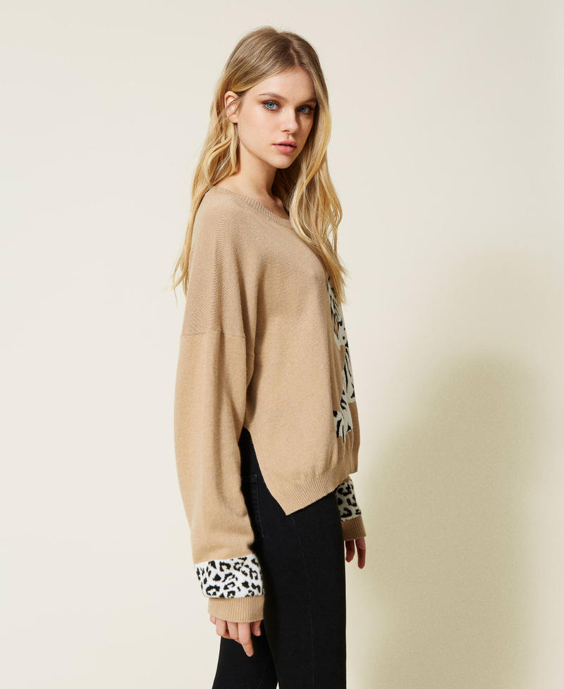 Jumper with jacquard tiger inlays "Dune" Beige Woman 222TP3570-03
