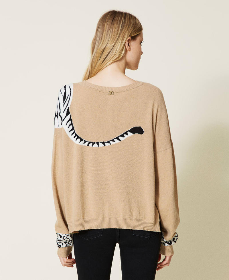 Jumper with jacquard tiger inlays "Dune" Beige Woman 222TP3570-04