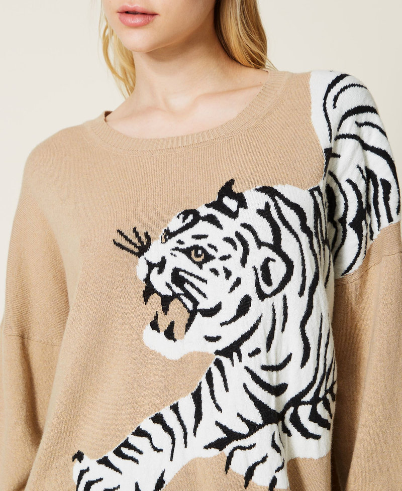 Jumper with jacquard tiger inlays "Dune" Beige Woman 222TP3570-05