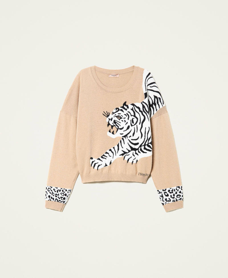 Jumper with jacquard tiger inlays Woman, Beige | TWINSET Milano