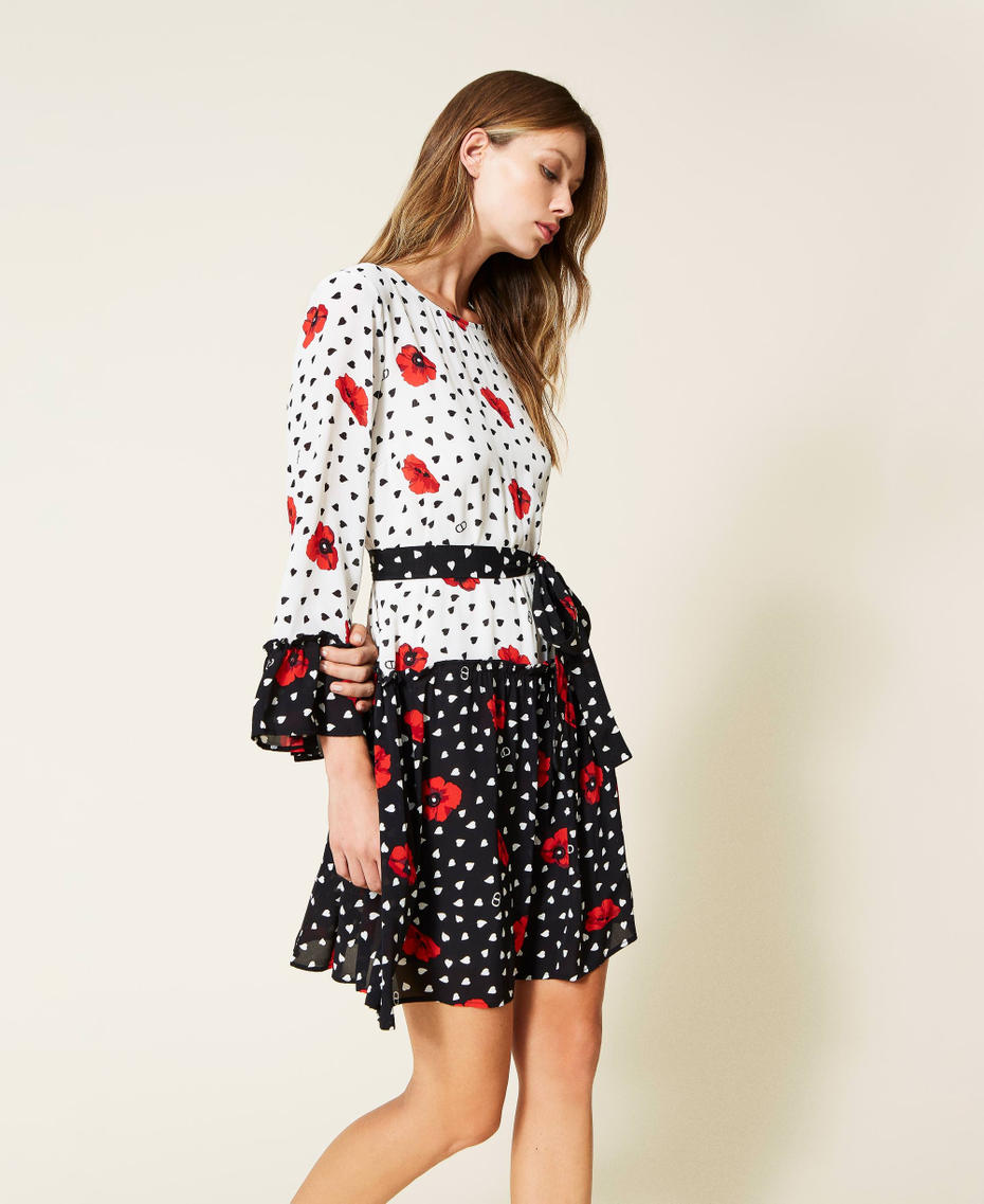 Two-tone dress with heart and poppy print Two-tone Off White / Black Romantic Poppy Print Woman 222TQ2018-01