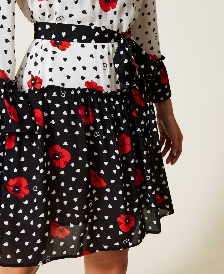 Two-tone dress with heart and poppy print Two-tone Off White / Black Romantic Poppy Print Woman 222TQ2018-05