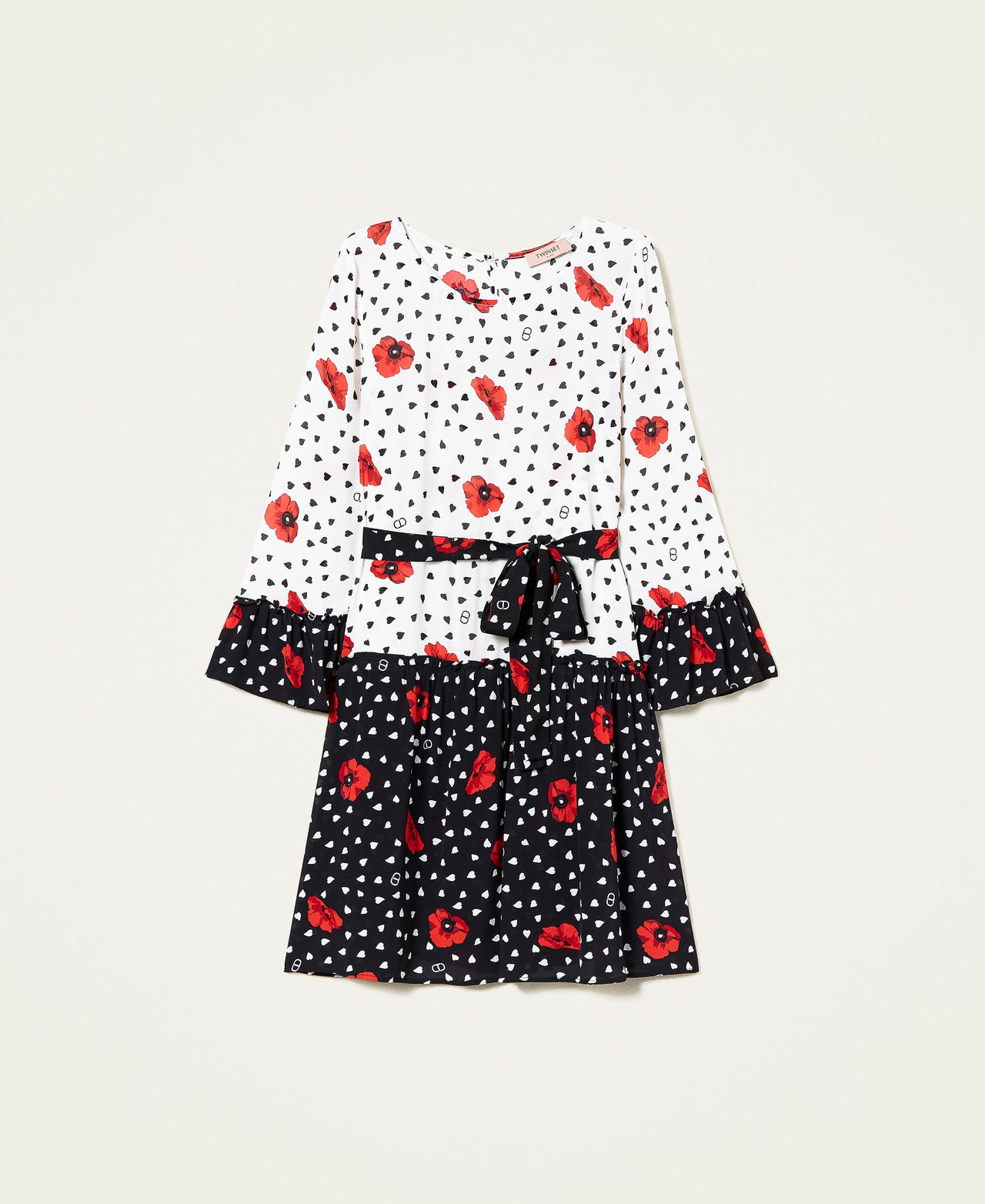Vestido bicolor con estampado de corazones y amapolas