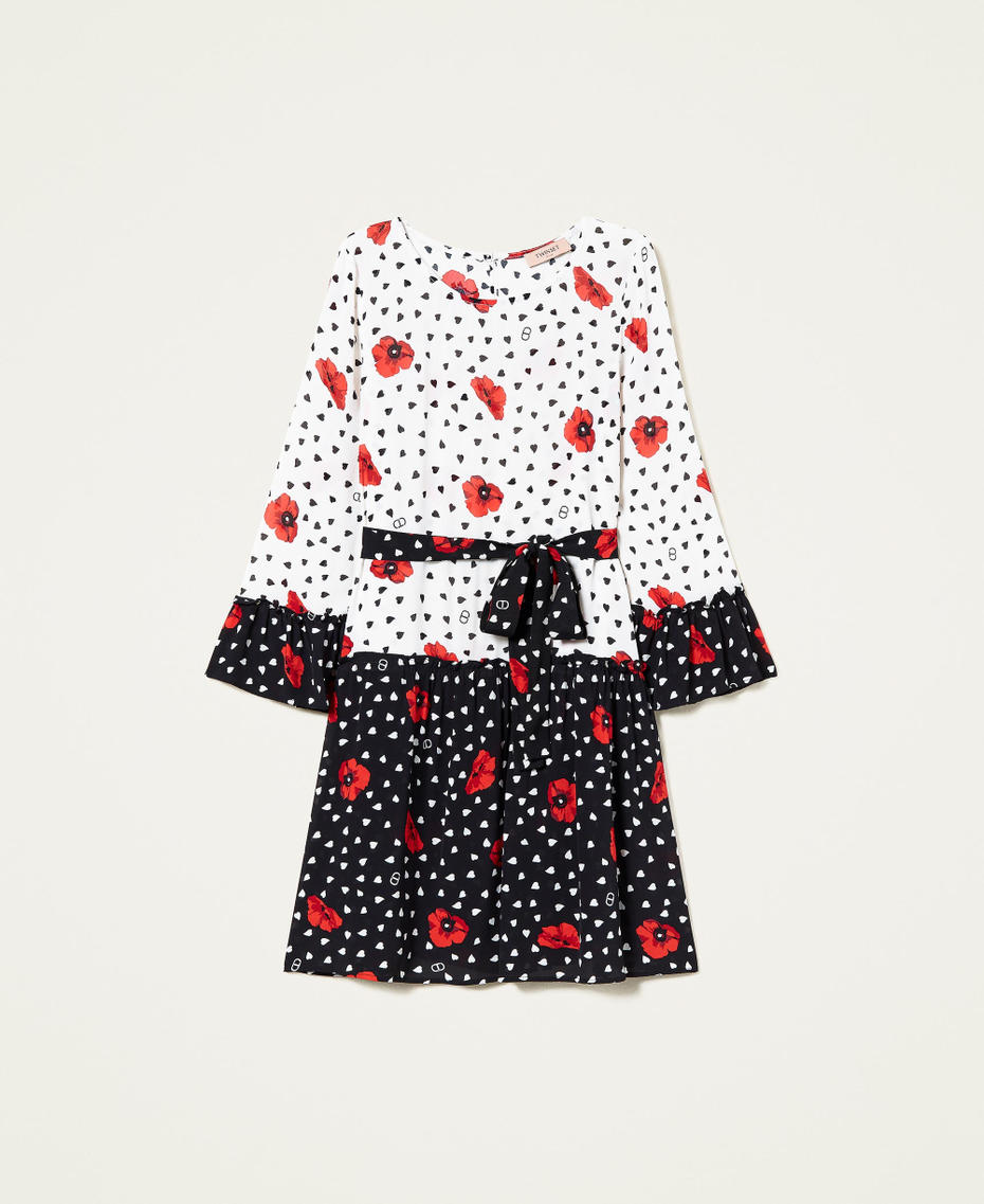 Zweifarbig Kleid mit aufgedruckten Herzen und Mohnblumen Zweifarbig Romantic Poppy Off White / Schwarz Frau 222TQ2018-0S