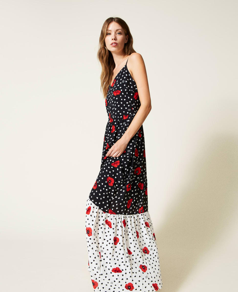 Robe longue avec imprim&eacute; c&oelig;urs et coquelicots