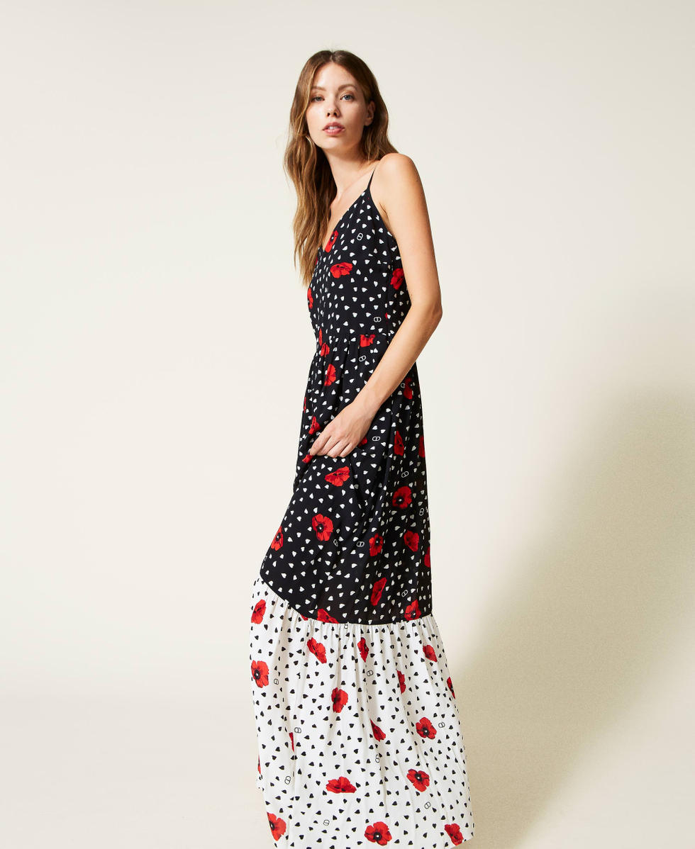 Abito lungo con stampa cuori e papaveri Donna Nero TWINSET Milano