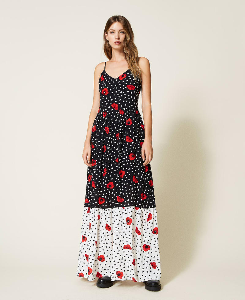 Long dress with heart and poppy print Two-tone Black / Off White Romantic Poppy Print Woman 222TQ2019-02