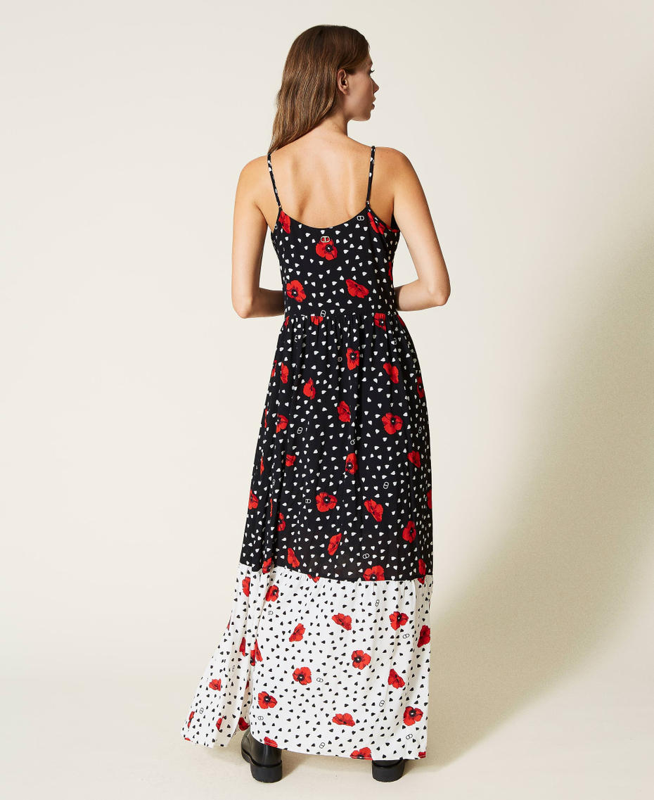 Long dress with heart and poppy print Two-tone Black / Off White Romantic Poppy Print Woman 222TQ2019-04