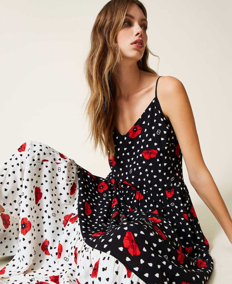 Long dress with heart and poppy print Two-tone Black / Off White Romantic Poppy Print Woman 222TQ2019-05