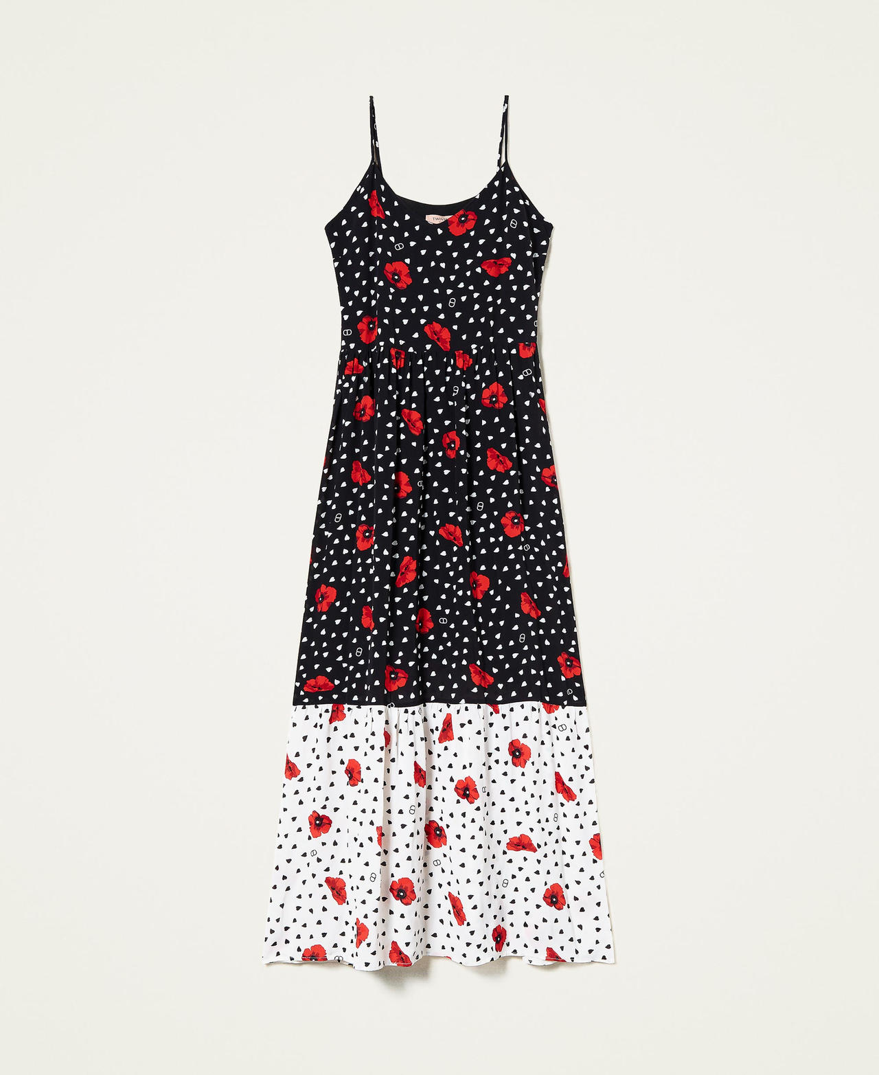 Robe longue avec imprim&eacute; c&oelig;urs et coquelicots