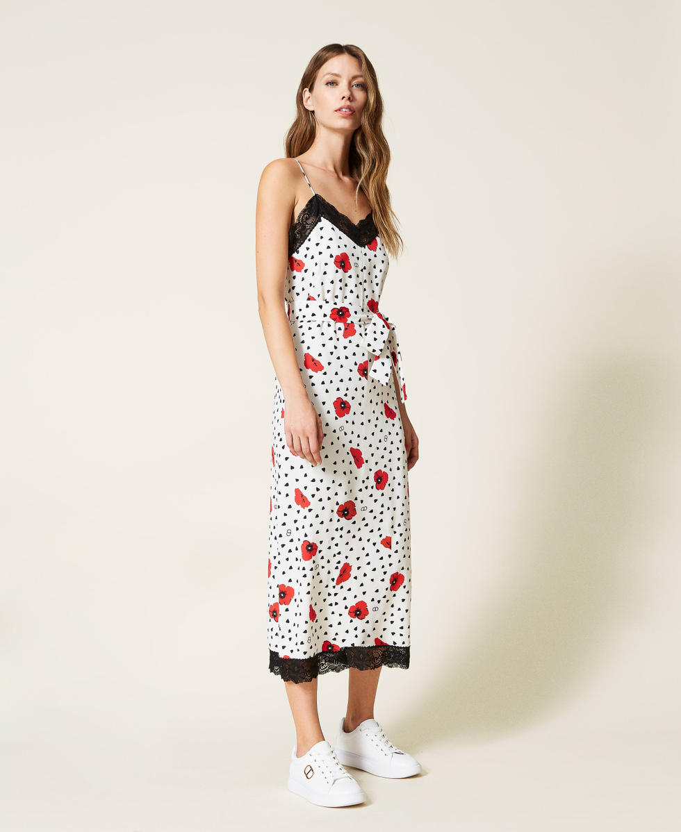 Slip dress with heart and poppy print Woman White TWINSET Milano