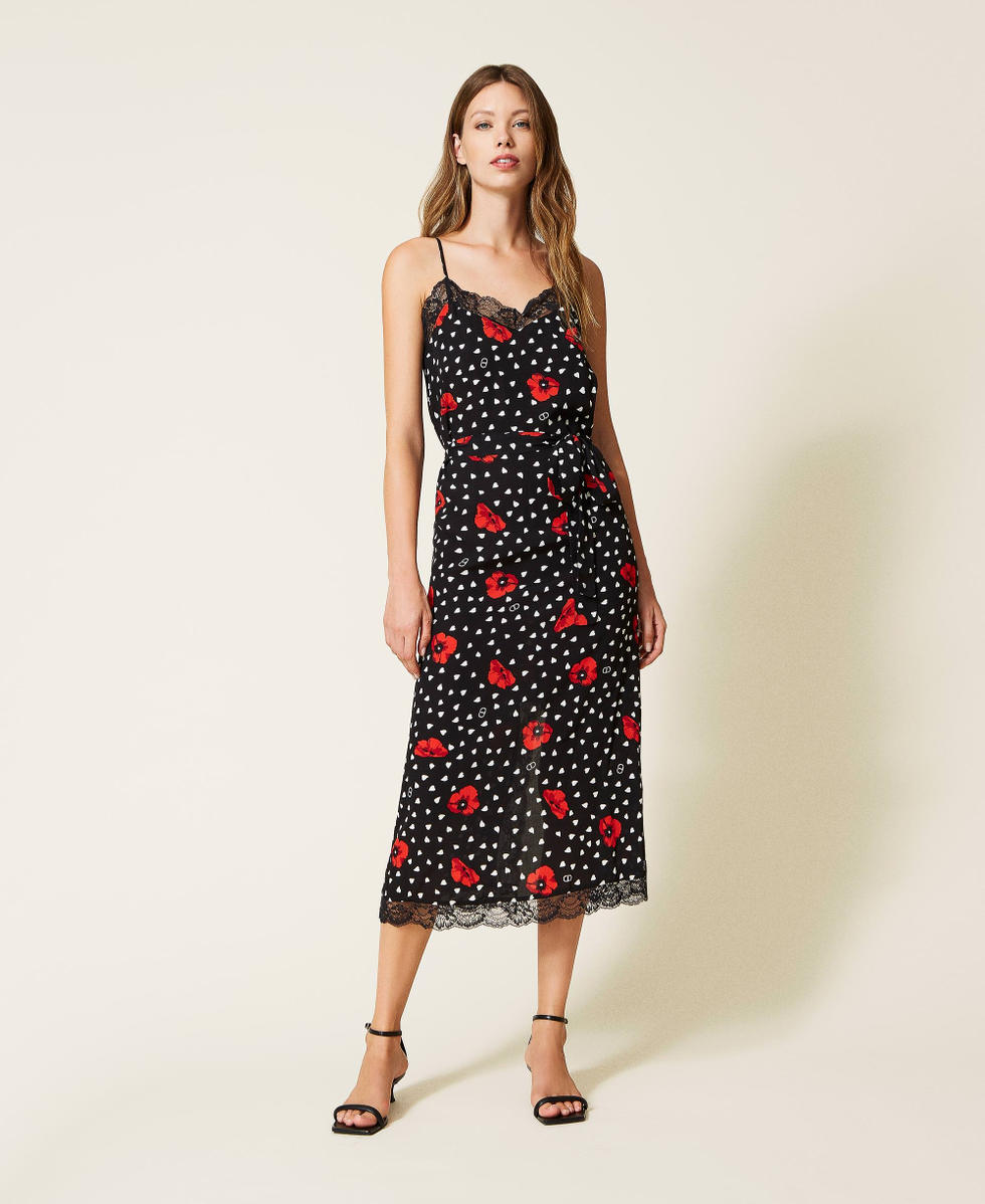 Slip dress with heart and poppy print Woman Black TWINSET Milano