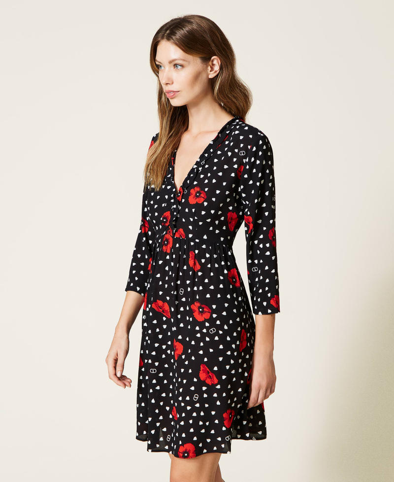 Dress with heart and poppy print Woman Black TWINSET Milano
