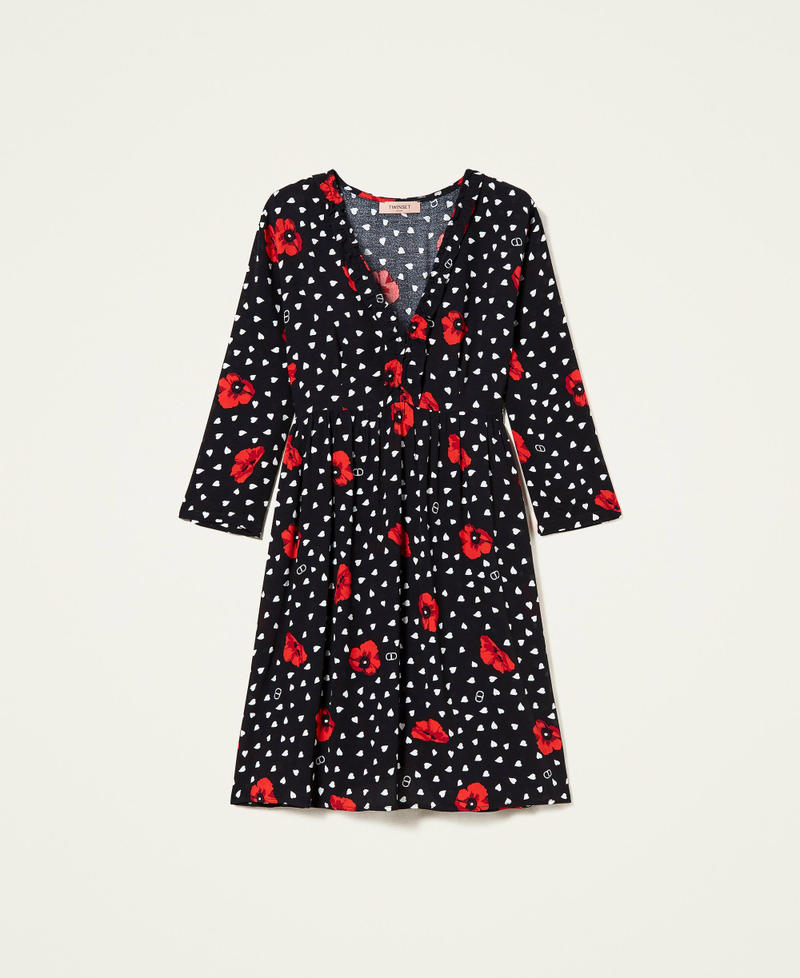 Kleid mit aufgedruckten Herzen und Mohnblumen Stampa Romantic Poppy Schwarz Frau 222TQ201B-0S