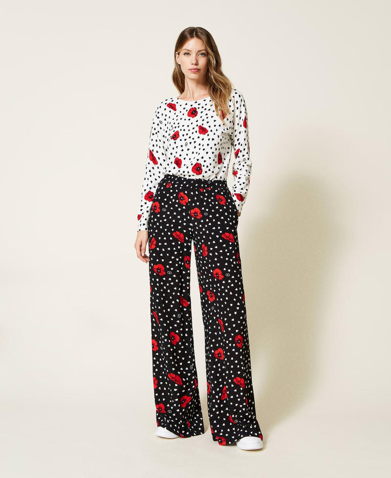 Trousers with heart and poppy print Black Romantic Poppy Print Woman 222TQ201C-01