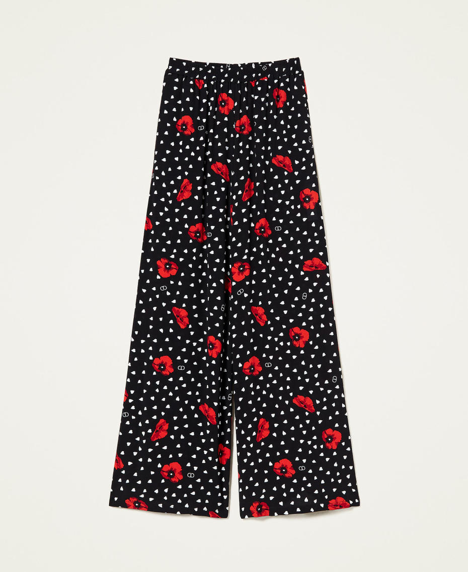 Trousers with heart and poppy print Black Romantic Poppy Print Woman 222TQ201C-0S