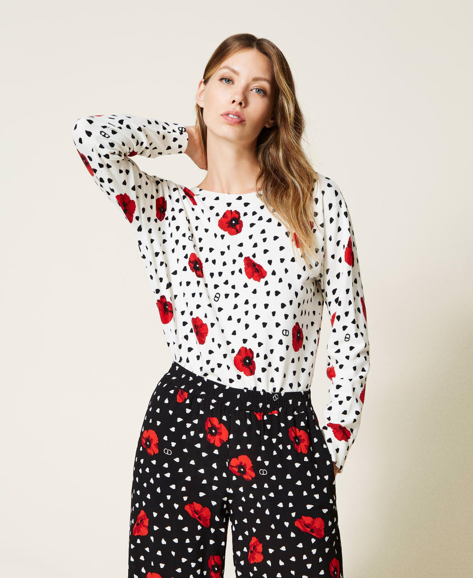2-in-1-Pullover mit aufgedruckten Herzen und Mohnblumen Print Romantic Poppy Off White Frau 222TQ3042-01