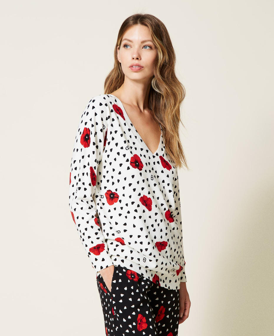 Dual-use jumper with heart and poppy print Off White Romantic Poppy Print Woman 222TQ3042-04