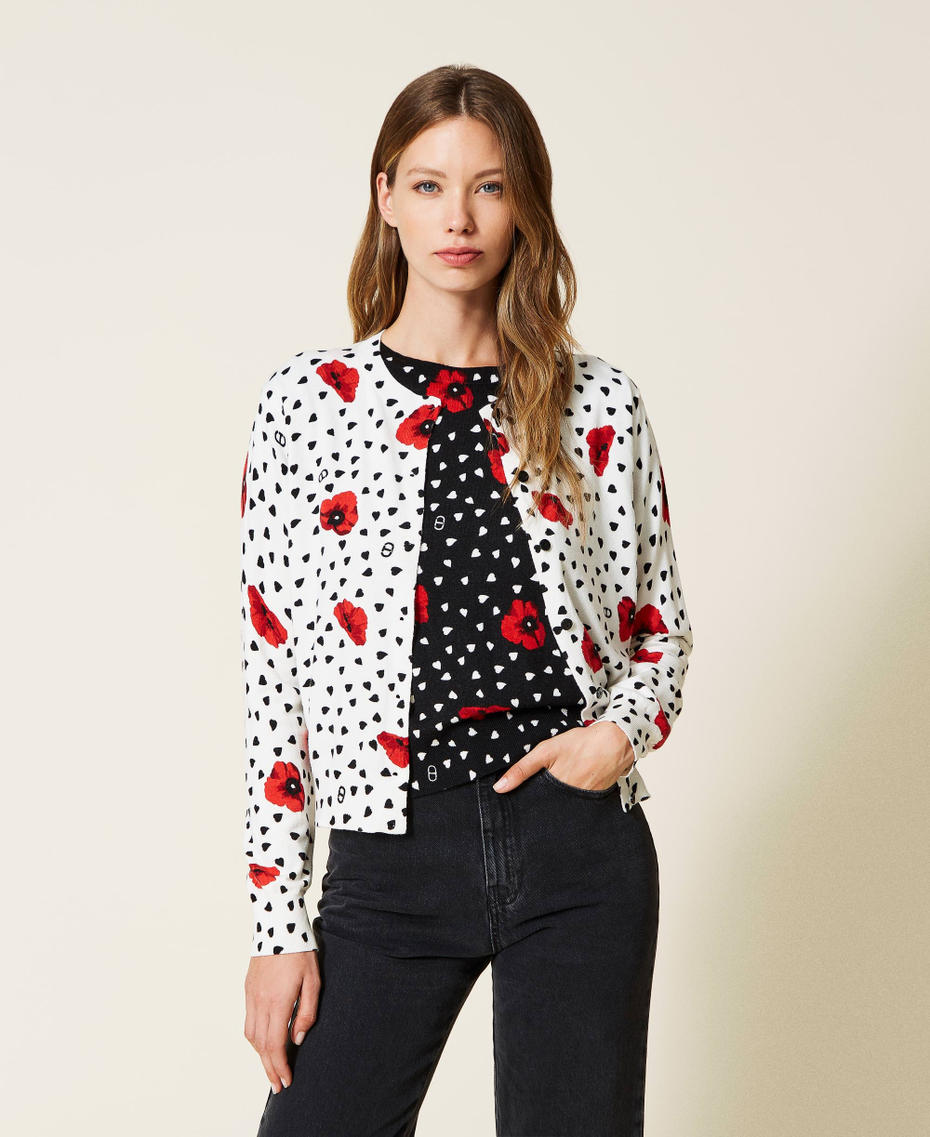 Cardigan with heart and poppy print Off White Romantic Poppy Print Woman 222TQ3043-01