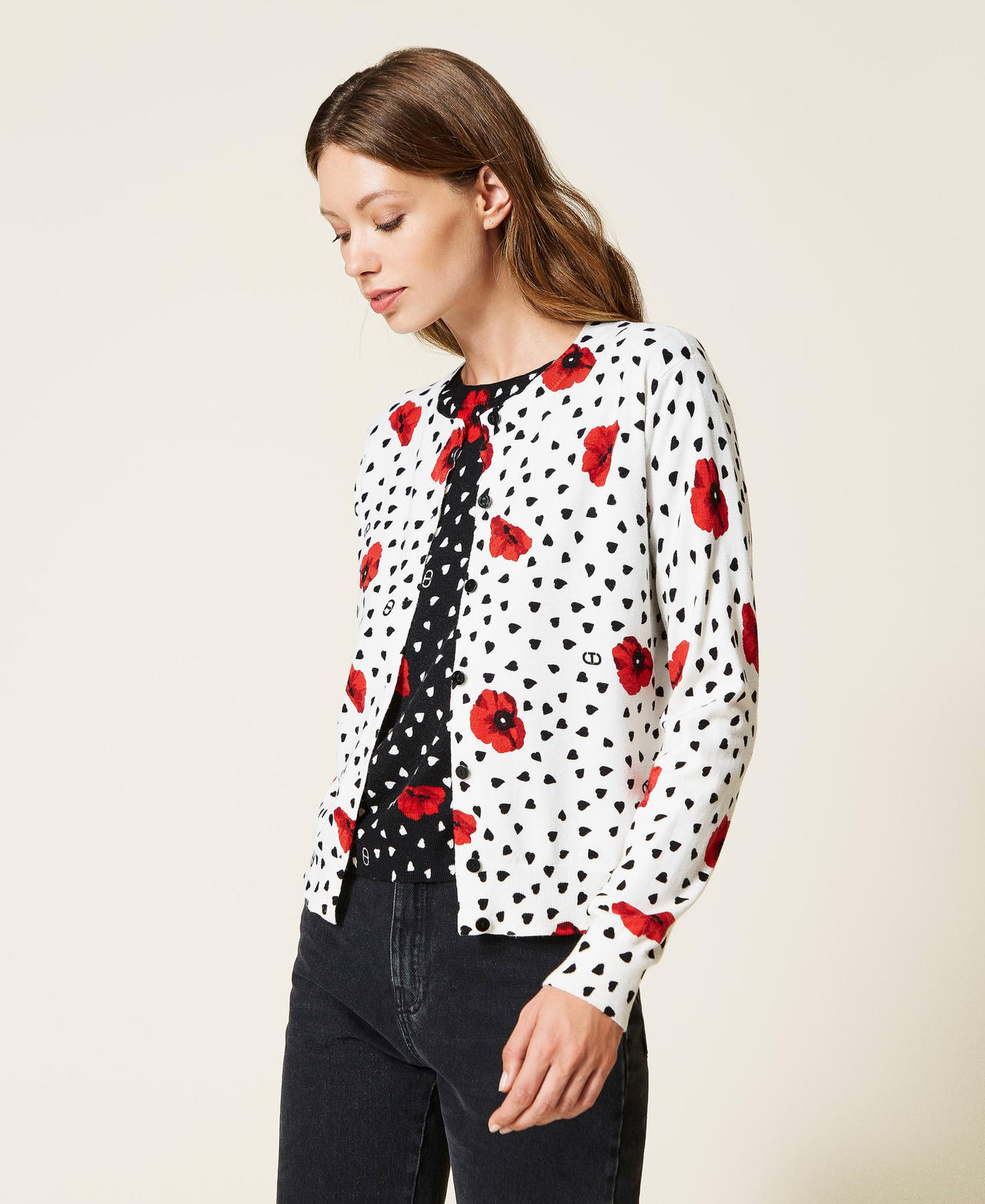 Cardigan with heart and poppy print Off White Romantic Poppy Print Woman 222TQ3043-02