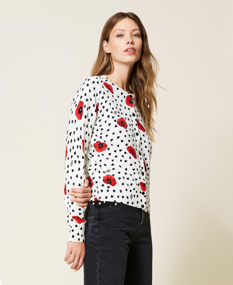 Cardigan with heart and poppy print Off White Romantic Poppy Print Woman 222TQ3043-03