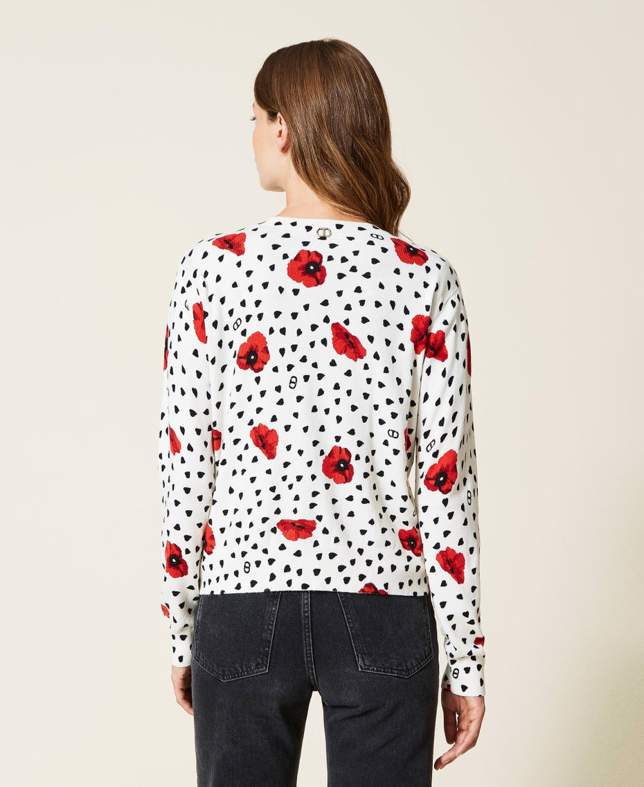 Cardigan with heart and poppy print Off White Romantic Poppy Print Woman 222TQ3043-04
