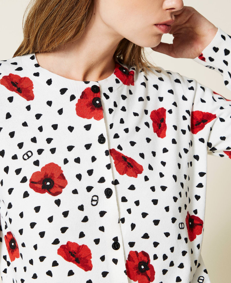 Cardigan with heart and poppy print Off White Romantic Poppy Print Woman 222TQ3043-05